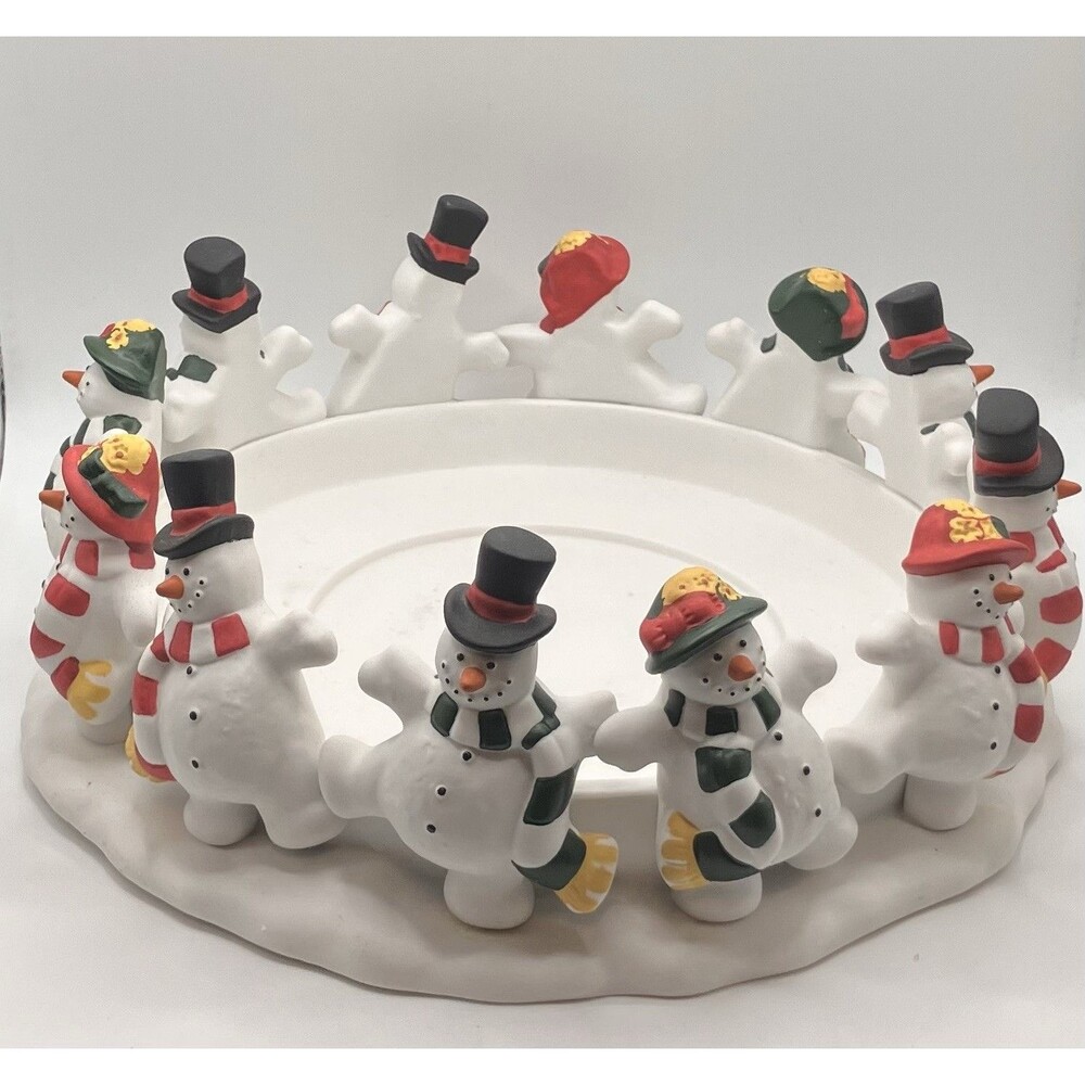 Large 9" Partylite Frolicking Frostys Snowmen Porcelain Candle Holder Holiday